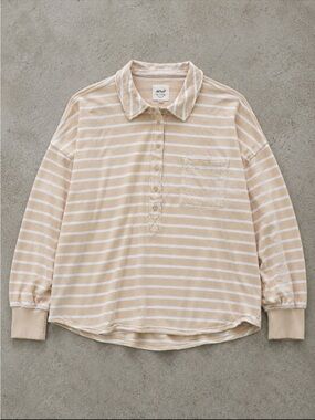Aerie Rugby Polo Sweatshirt Woman XL  Beige White Striped Cotton Oversized 2024